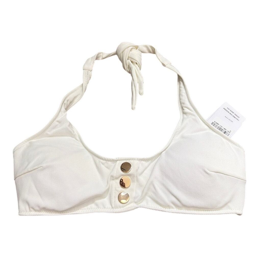 REISS Iris Halter Neck Bikini Top White Gold Tone Button Accent Size 8 New
